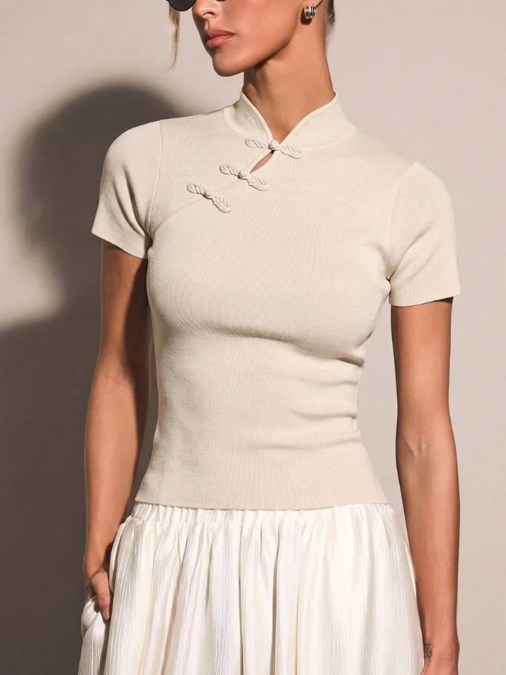 Apricot Casual Women's Chinese Button Knitted Top